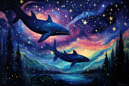 Luminous star whales, swimming among constellations in the vastness of space - Generative AIの素材