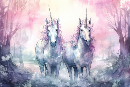 Majestic unicorns with shimmering silver horns - Generative AIの素材