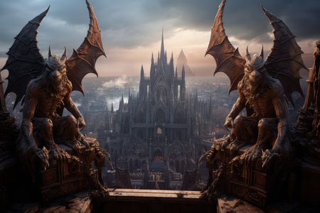 Ornate gothic gargoyles, perched atop ancient cathedrals, watching over the city below - Generative AIの素材