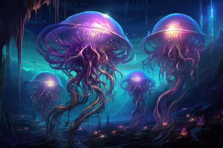 Luminescent jellyfish guardians, illuminating the depths of the ocean with their glow - Generative AIの素材