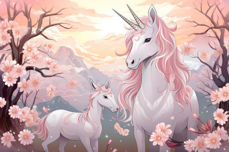 Majestic unicorns with shimmering silver horns - Generative AIの素材