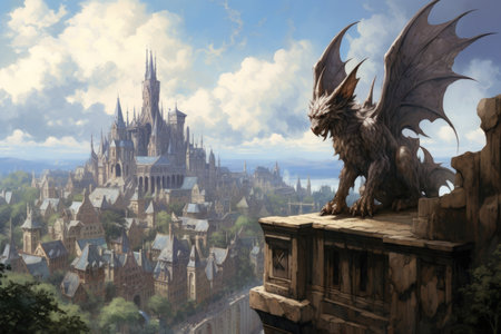 Ornate gothic gargoyles, perched atop ancient cathedrals, watching over the city below - Generative AIの素材