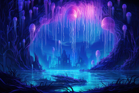 Luminescent jellyfish guardians, illuminating the depths of the ocean with their glow - Generative AIの素材