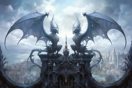Ornate gothic gargoyles, perched atop ancient cathedrals, watching over the city below - Generative AIの素材