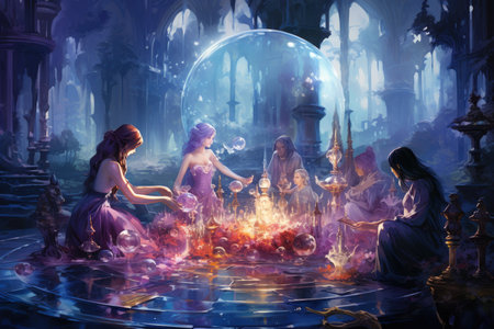 Mystical crystal gazers, divining the future through the shimmering depths of gemstones - Generative AIの素材