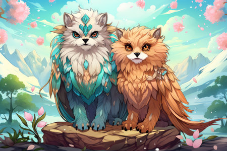 Loyal griffins, majestic creatures with the body of a lion and the wings of an eagle - Generative AIの素材