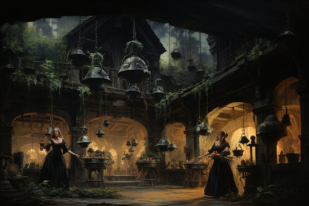 Mysterious witches brewing potions in hidden cottages - Generative AIの素材