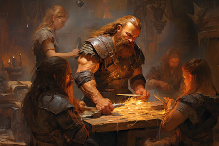 Loyal dwarven blacksmiths crafting mighty weapons - Generative AIの素材