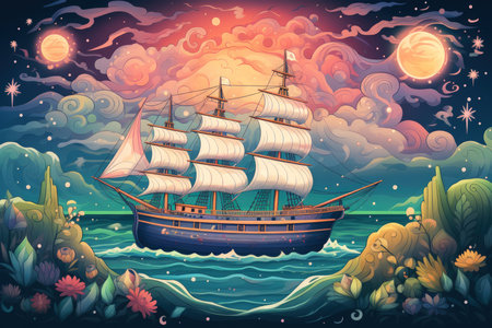 Mystical seafaring ships powered by enchanted winds - Generative AIの素材