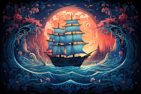 Mystical seafaring ships powered by enchanted winds - Generative AIの素材