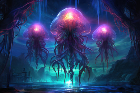 Luminescent jellyfish guardians, illuminating the depths of the ocean with their glow - Generative AIの素材