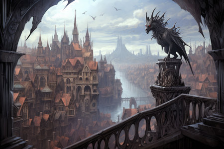 Ornate gothic gargoyles, perched atop ancient cathedrals, watching over the city below - Generative AIの素材