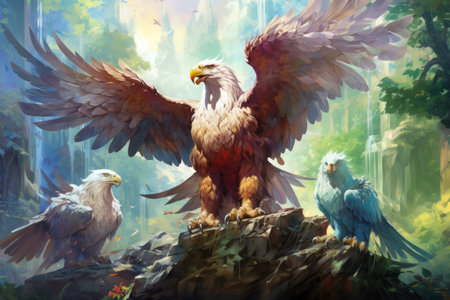 Loyal griffins, majestic creatures with the body of a lion and the wings of an eagle - Generative AIの素材