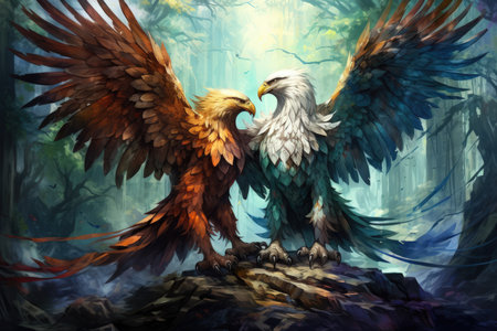 Loyal griffins, majestic creatures with the body of a lion and the wings of an eagle - Generative AIの素材
