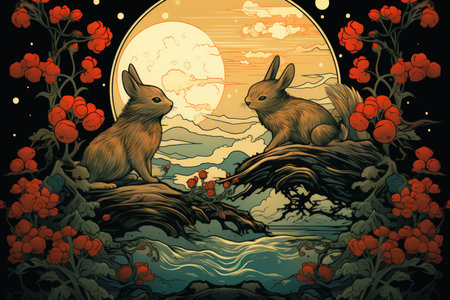 Playful moon rabbits, bestowing luck and fortune to those who encounter them - Generative AIの素材