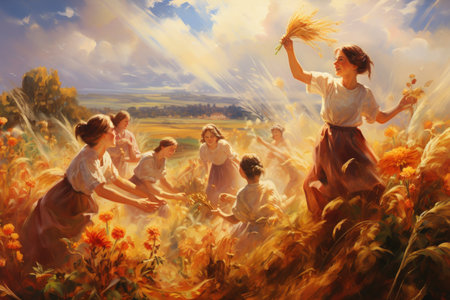 Lively harvest sprites, ensuring bountiful crops and prosperity for farmers - Generative AIの素材