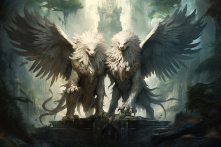 Loyal griffins, majestic creatures with the body of a lion and the wings of an eagle - Generative AIの素材