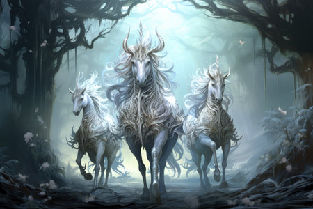 Majestic unicorns with shimmering silver horns - Generative AIの素材