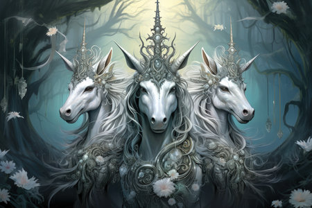 Majestic unicorns with shimmering silver horns - Generative AIの素材