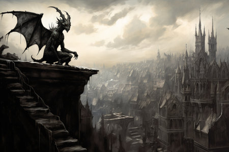 Ornate gothic gargoyles, perched atop ancient cathedrals, watching over the city below - Generative AIの素材