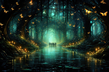Luminescent fireflies, guiding lost souls through the depths of the night - Generative AIの素材