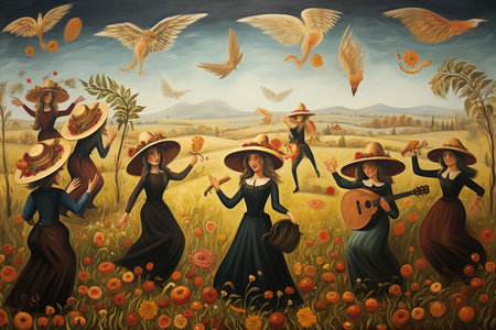 Lively harvest sprites, ensuring bountiful crops and prosperity for farmers - Generative AIの素材