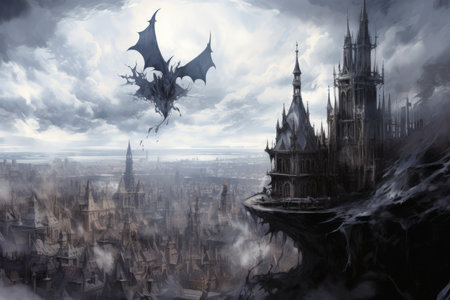 Ornate gothic gargoyles, perched atop ancient cathedrals, watching over the city below - Generative AIの素材