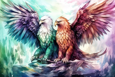 Loyal griffins, majestic creatures with the body of a lion and the wings of an eagle - Generative AIの素材