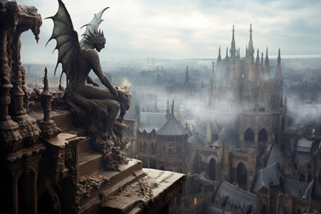 Ornate gothic gargoyles, perched atop ancient cathedrals, watching over the city below - Generative AIの素材