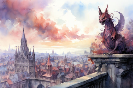 Ornate gothic gargoyles, perched atop ancient cathedrals, watching over the city below - Generative AIの素材