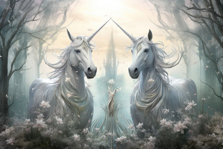 Majestic unicorns with shimmering silver horns - Generative AIの素材