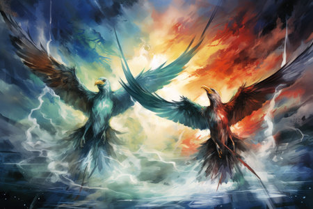 Majestic thunderbirds, summoning storms and wielding lightning as their weapon - Generative AIの素材
