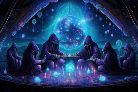 Mystic fortune-tellers reading the secrets of the universe in shimmering crystal balls - Generative AIの素材