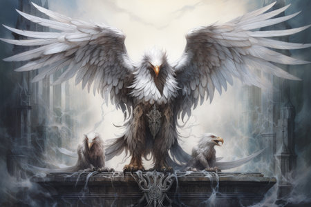 Loyal griffins, majestic creatures with the body of a lion and the wings of an eagle - Generative AIの素材