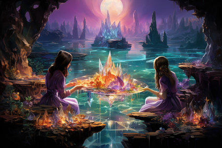 Mystical crystal gazers, divining the future through the shimmering depths of gemstones - Generative AIの素材