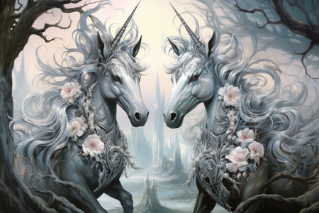 Majestic unicorns with shimmering silver horns - Generative AIの素材