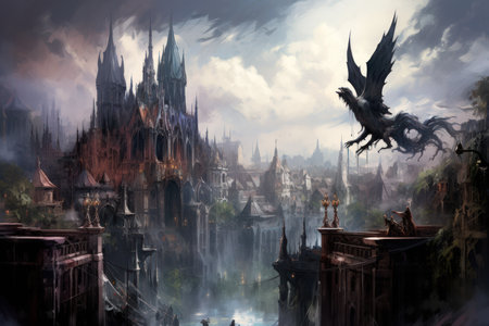 Ornate gothic gargoyles, perched atop ancient cathedrals, watching over the city below - Generative AIの素材