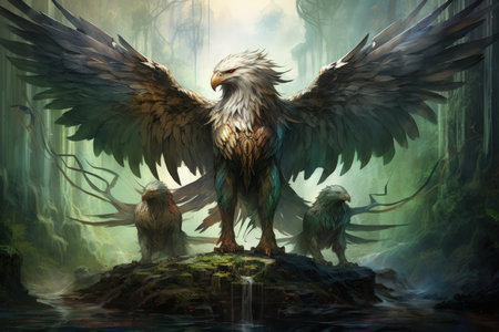 Loyal griffins, majestic creatures with the body of a lion and the wings of an eagle - Generative AIの素材