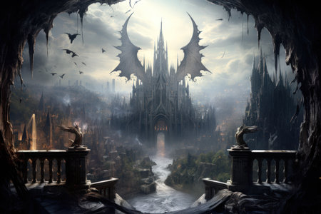 Ornate gothic gargoyles, perched atop ancient cathedrals, watching over the city below - Generative AIの素材