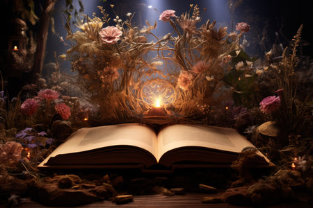Enchanted storytelling books, bringing tales to life with their enchanted pages - Generative AIの素材