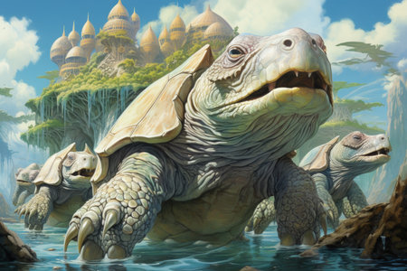 Ancient sea turtles, carrying entire ecosystems on their colossal shells - Generative AIの素材