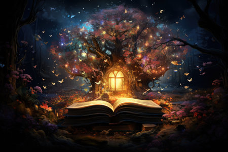 Enchanted storytelling books, bringing tales to life with their enchanted pages - Generative AIの素材