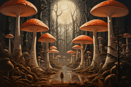 Giant talking mushrooms offering cryptic advice in dense forest groves - Generative AIの素材