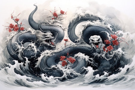 Ancient sea serpents, guardians of hidden treasures beneath the ocean depths - Generative AIの素材