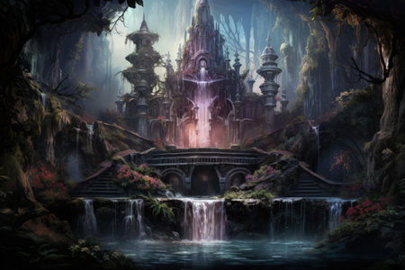 Enchanted song fountains, harmonizing with natures melodies and creating enchanting displays - Generative AIの素材