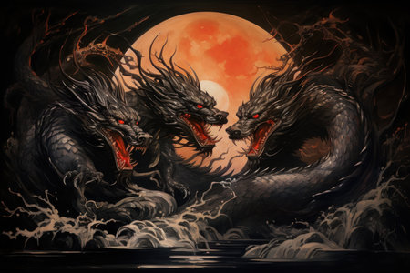 Ferocious shadow dragons, wreathed in darkness and possessing formidable power - Generative AIの素材