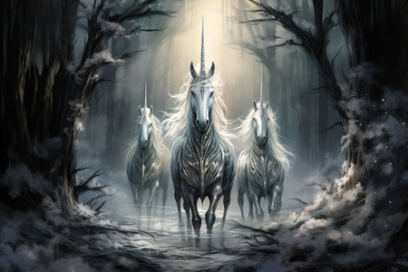 Majestic unicorns with shimmering silver horns - Generative AIの素材