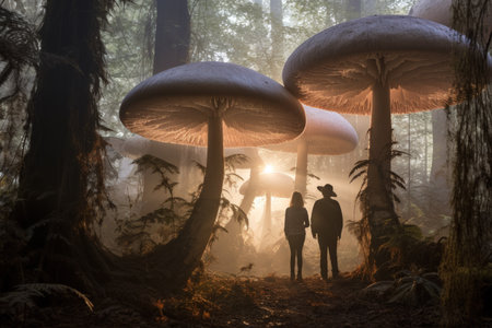 Giant talking mushrooms offering cryptic advice in dense forest groves - Generative AIの素材