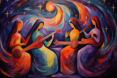 Celestial harpists, playing melodies that resonate through the heavens - Generative AIの素材