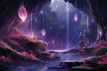 Harmonious waterfalls of glowing crystals, cascading with soothing melodies - Generative AIの素材
